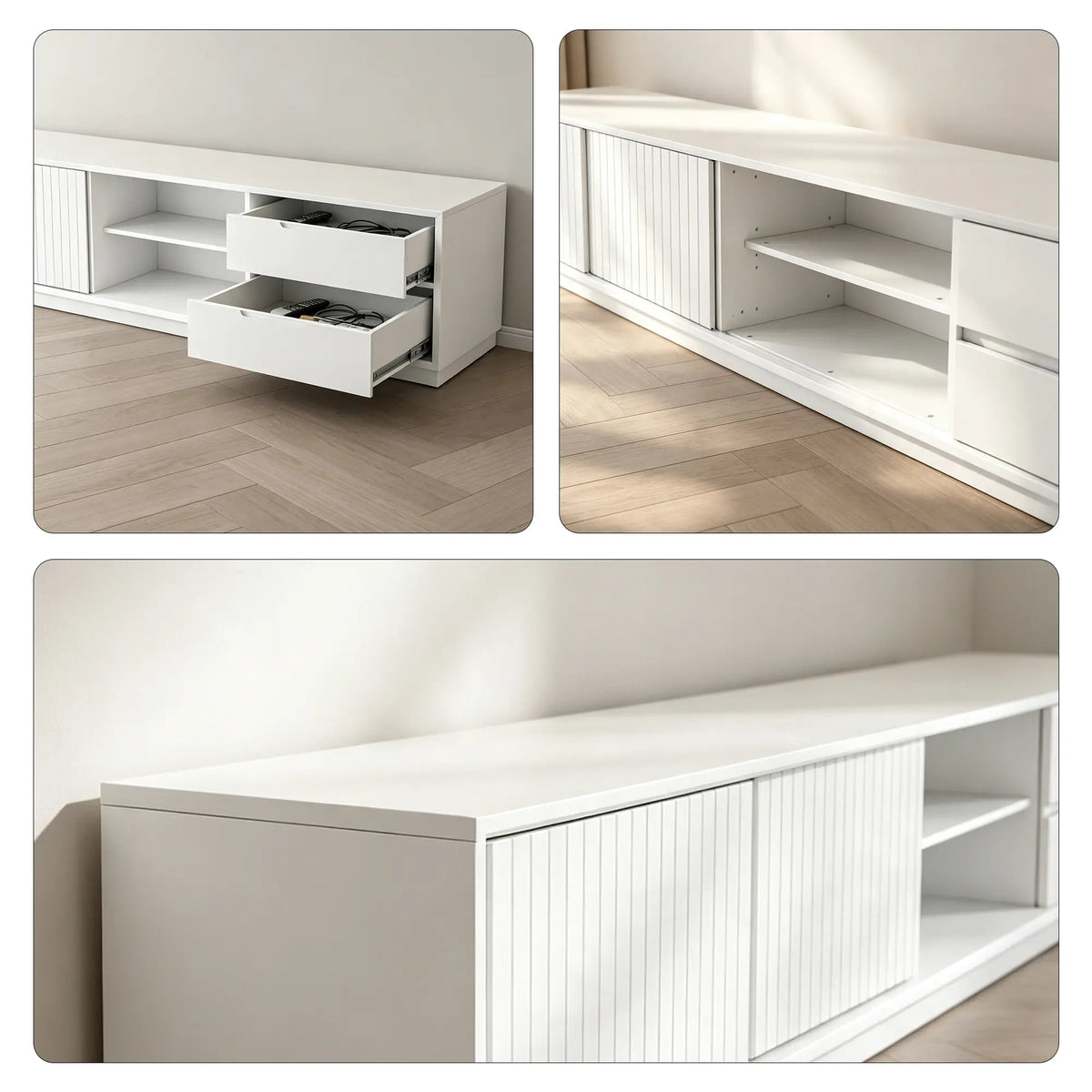 LUXORA Modern Solid Pine TV Cabinet - 180/200cm Entertainment Unit with Sliding Fluted Doors, Adjustable Shelves & Dual Drawers - White