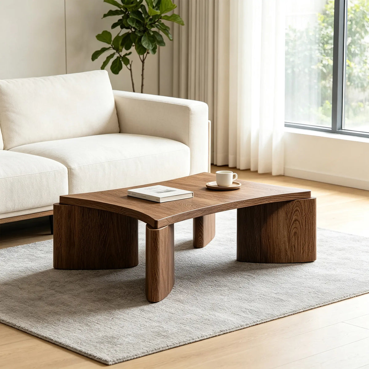 LUXORA Solid Wood Coffee Table North American FAS Ash Wood Low Profile Curved Design 97/107cm for Living Room Lounge - Walnut