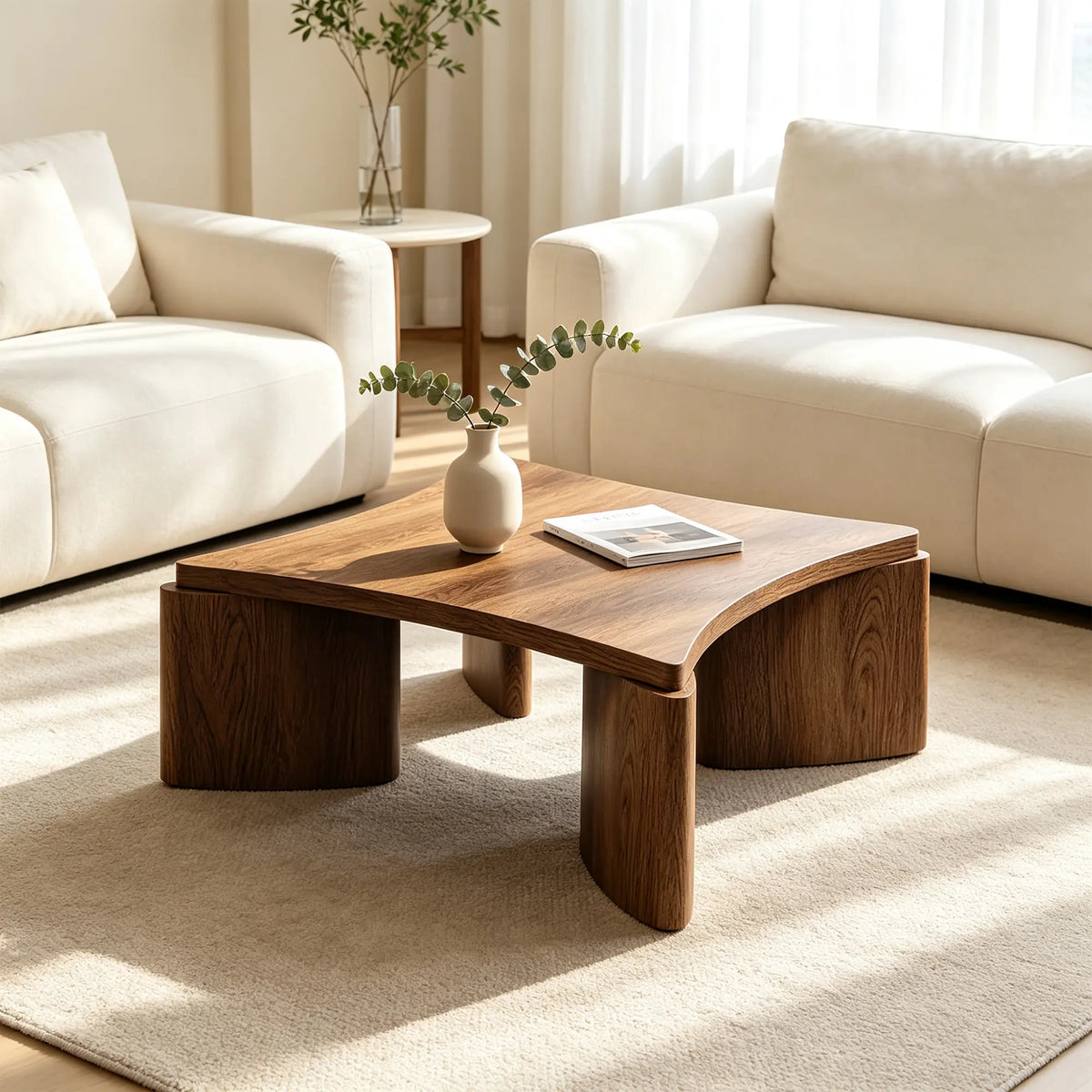 LUXORA Solid Wood Coffee Table North American FAS Ash Wood Low Profile Curved Design 97/107cm for Living Room Lounge - Walnut