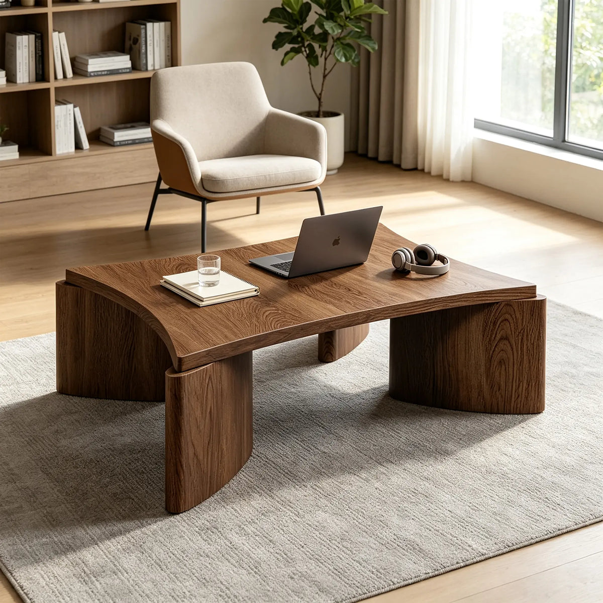 LUXORA Solid Wood Coffee Table North American FAS Ash Wood Low Profile Curved Design 97/107cm for Living Room Lounge - Walnut
