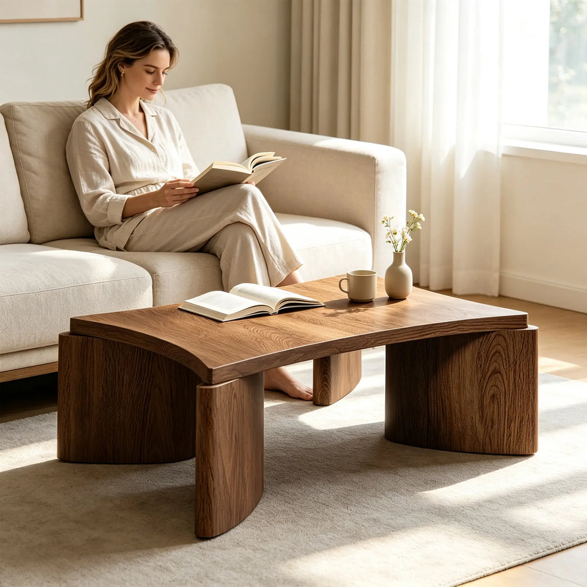 LUXORA Solid Wood Coffee Table North American FAS Ash Wood Low Profile Curved Design 97/107cm for Living Room Lounge - Walnut