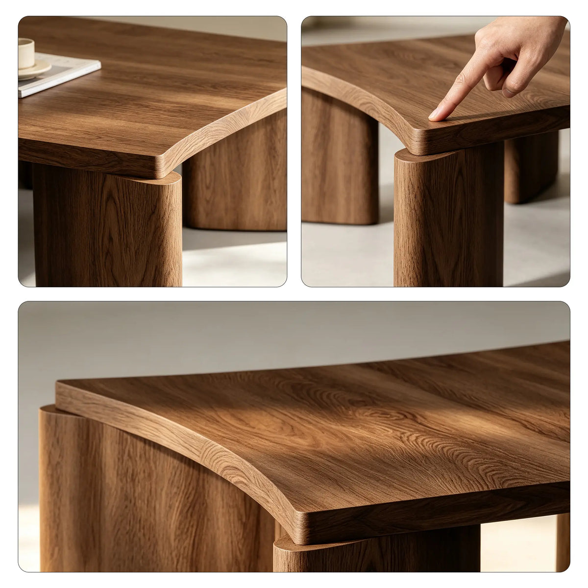 LUXORA Solid Wood Coffee Table North American FAS Ash Wood Low Profile Curved Design 97/107cm for Living Room Lounge - Walnut