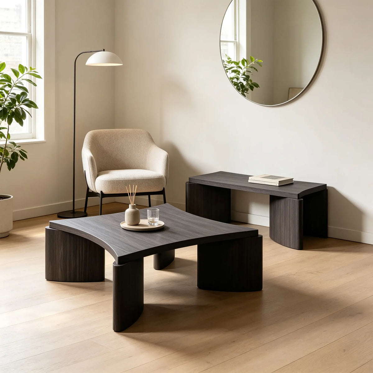LUXORA Solid Wood Coffee Table North American FAS Ash Wood Low Profile Curved Design 97/107cm for Living Room Lounge - Grey