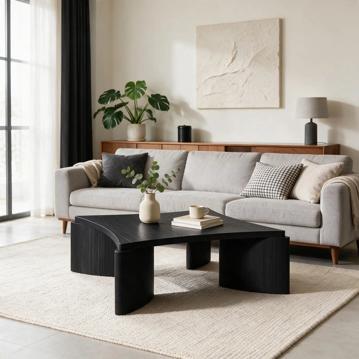 LUXORA Solid Wood Coffee Table North American FAS Ash Wood Low Profile Curved Design 97/107cm for Living Room Lounge - Black
