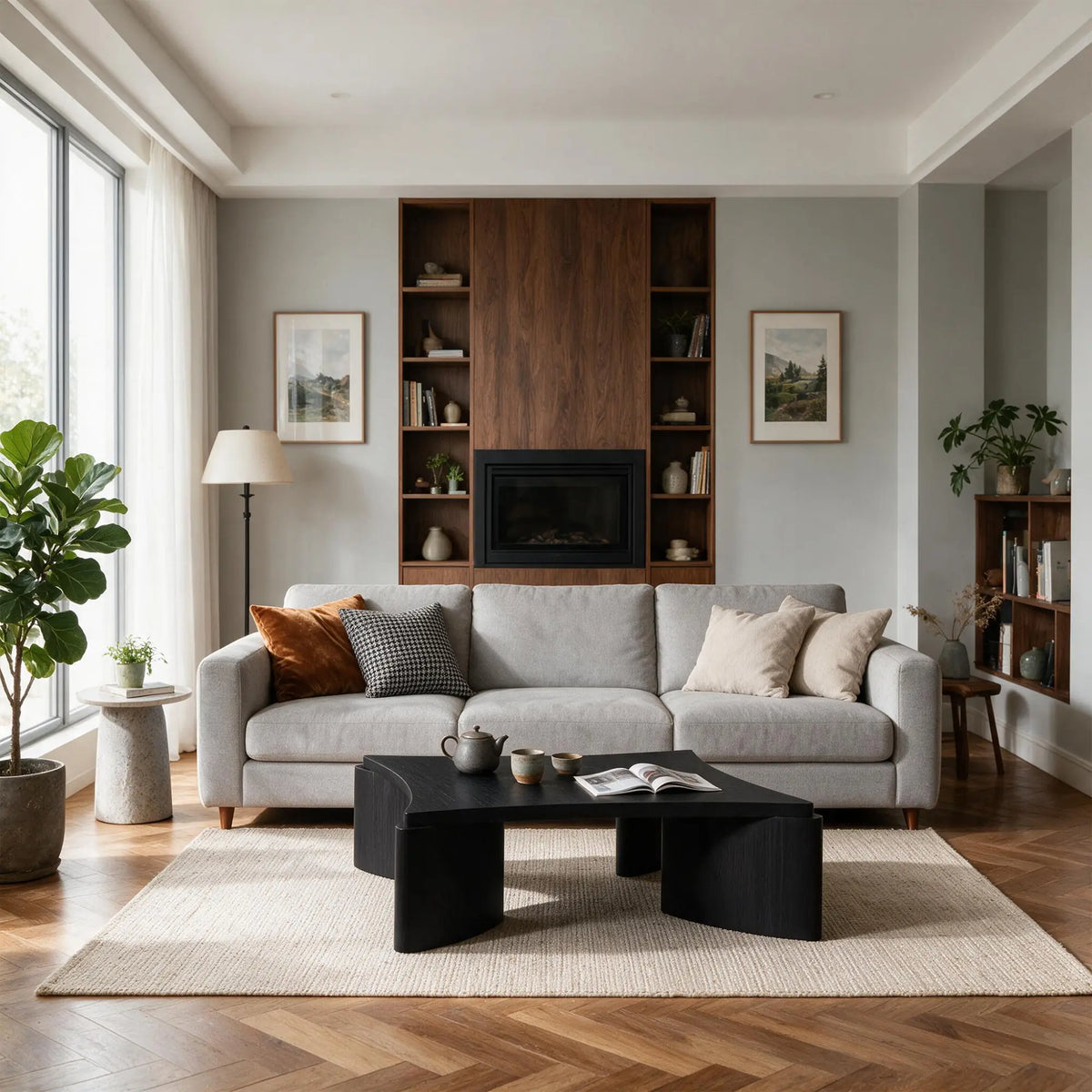 LUXORA Solid Wood Coffee Table North American FAS Ash Wood Low Profile Curved Design 97/107cm for Living Room Lounge - Black