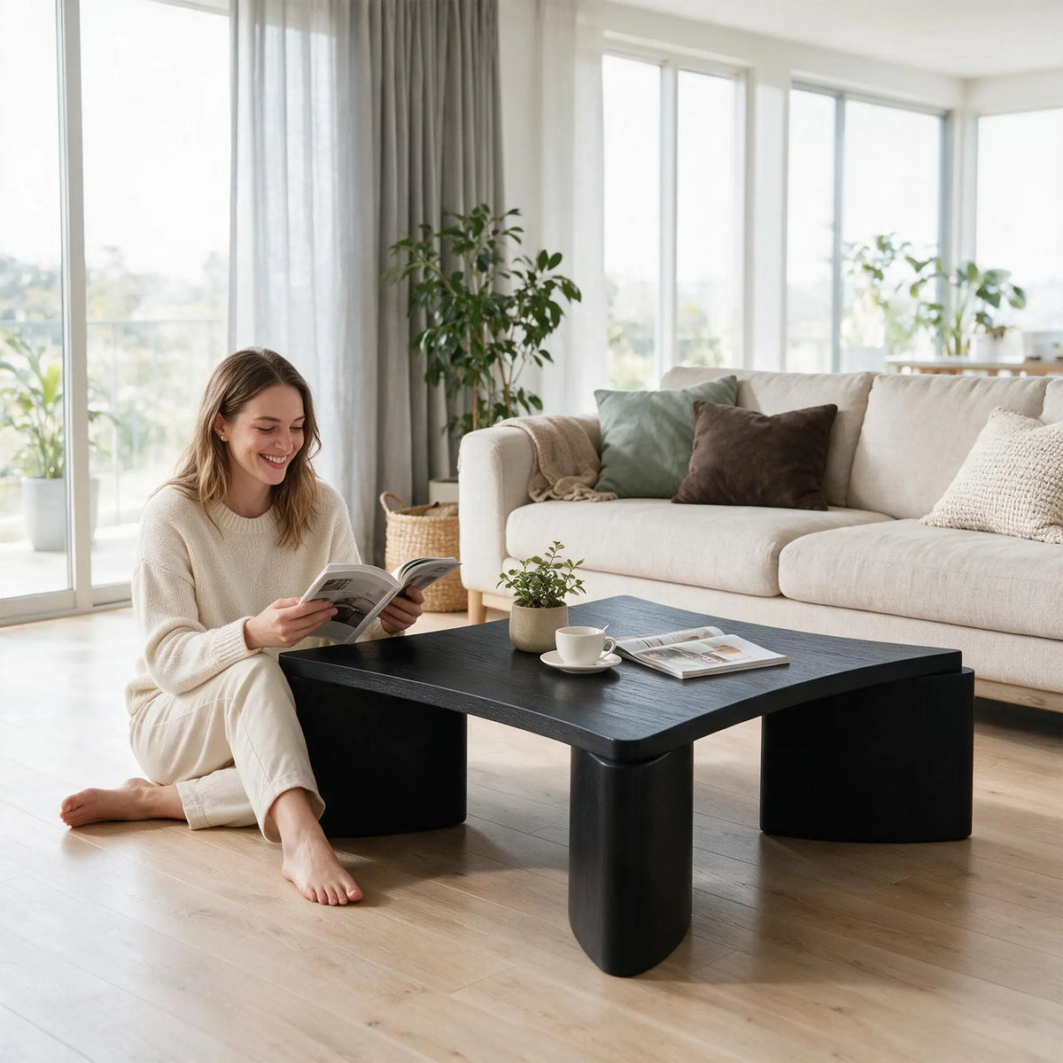 LUXORA Solid Wood Coffee Table North American FAS Ash Wood Low Profile Curved Design 97/107cm for Living Room Lounge - Black