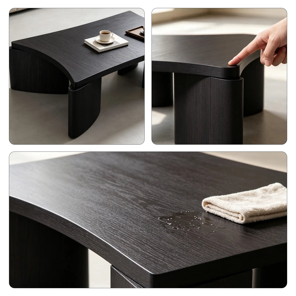 LUXORA Solid Wood Coffee Table North American FAS Ash Wood Low Profile Curved Design 97/107cm for Living Room Lounge - Black