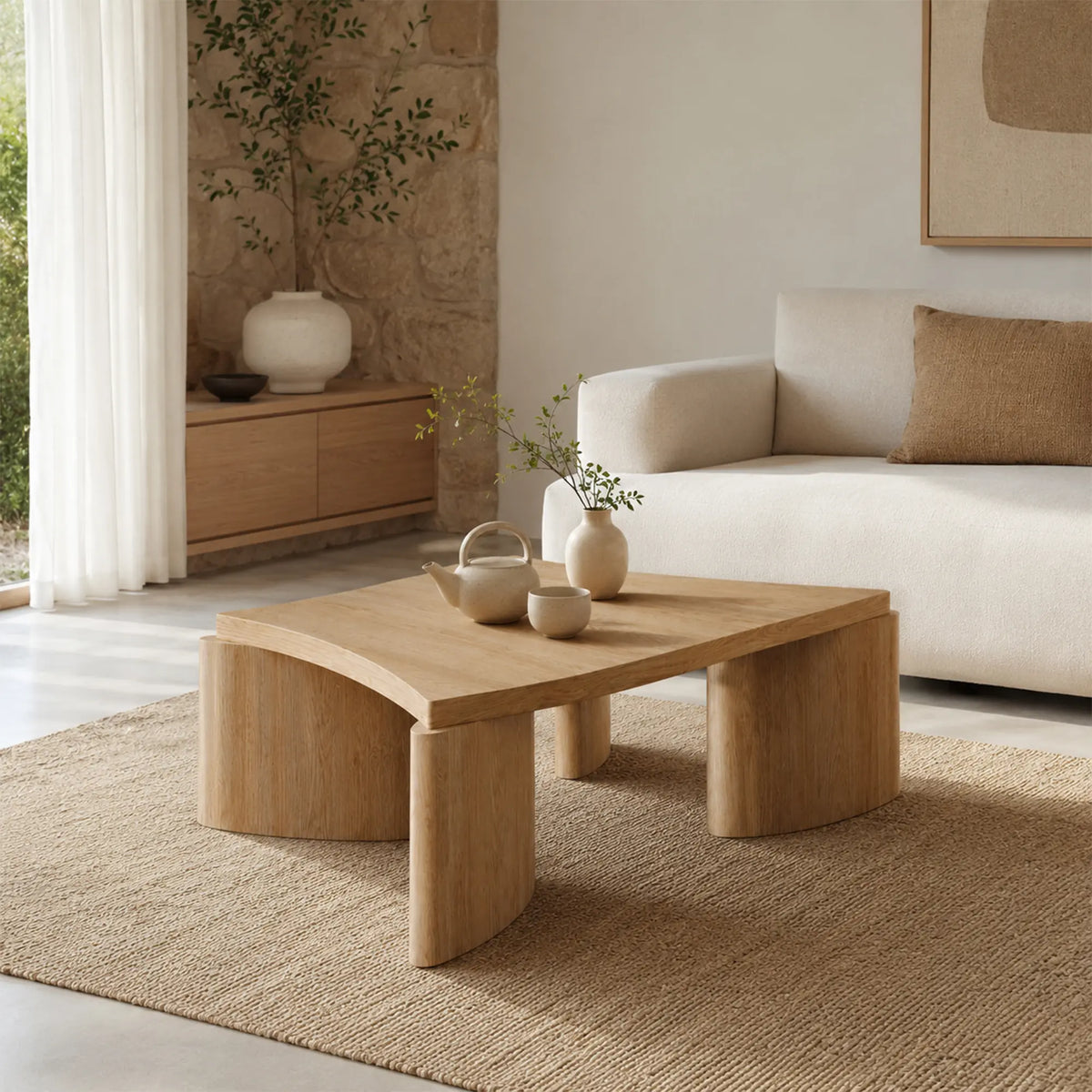 LUXORA Solid Wood Coffee Table North American FAS Ash Wood Low Profile Curved Design 97/107cm for Living Room Lounge - Wood