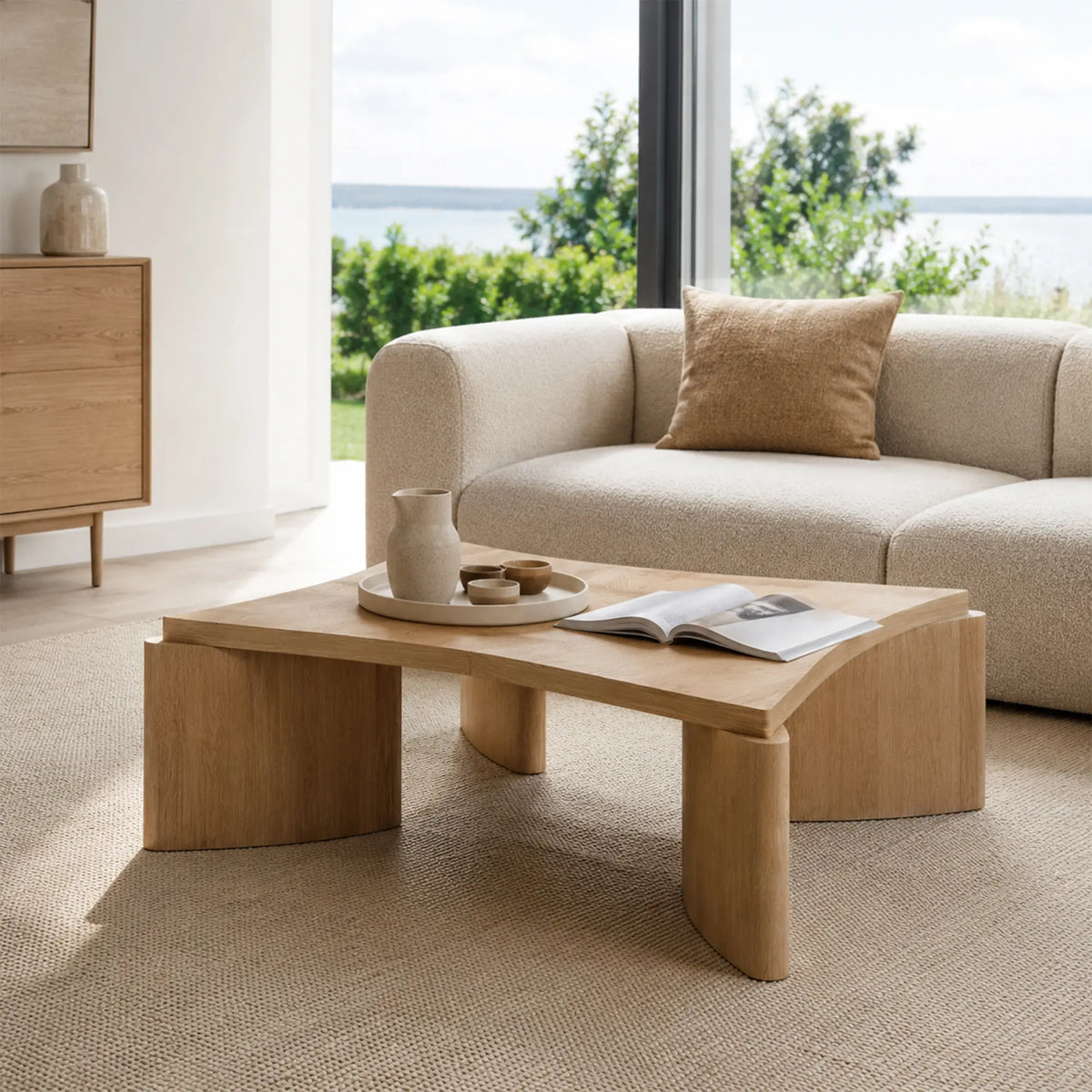 LUXORA Solid Wood Coffee Table North American FAS Ash Wood Low Profile Curved Design 97/107cm for Living Room Lounge - Wood