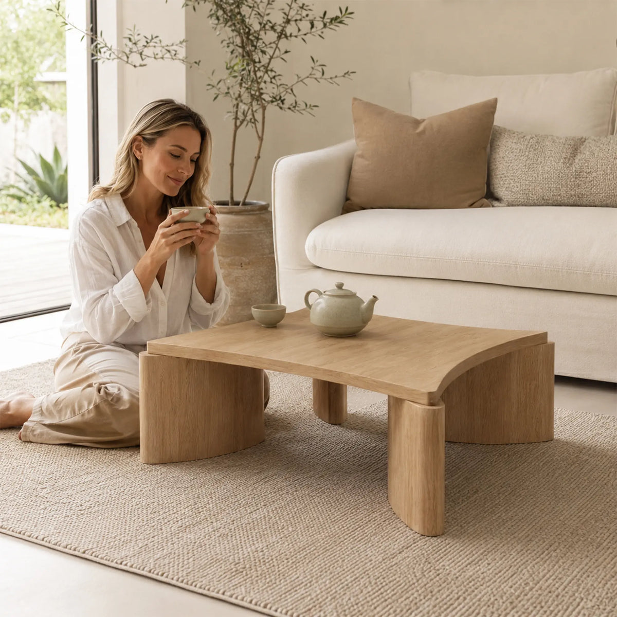 LUXORA Solid Wood Coffee Table North American FAS Ash Wood Low Profile Curved Design 97/107cm for Living Room Lounge - Wood