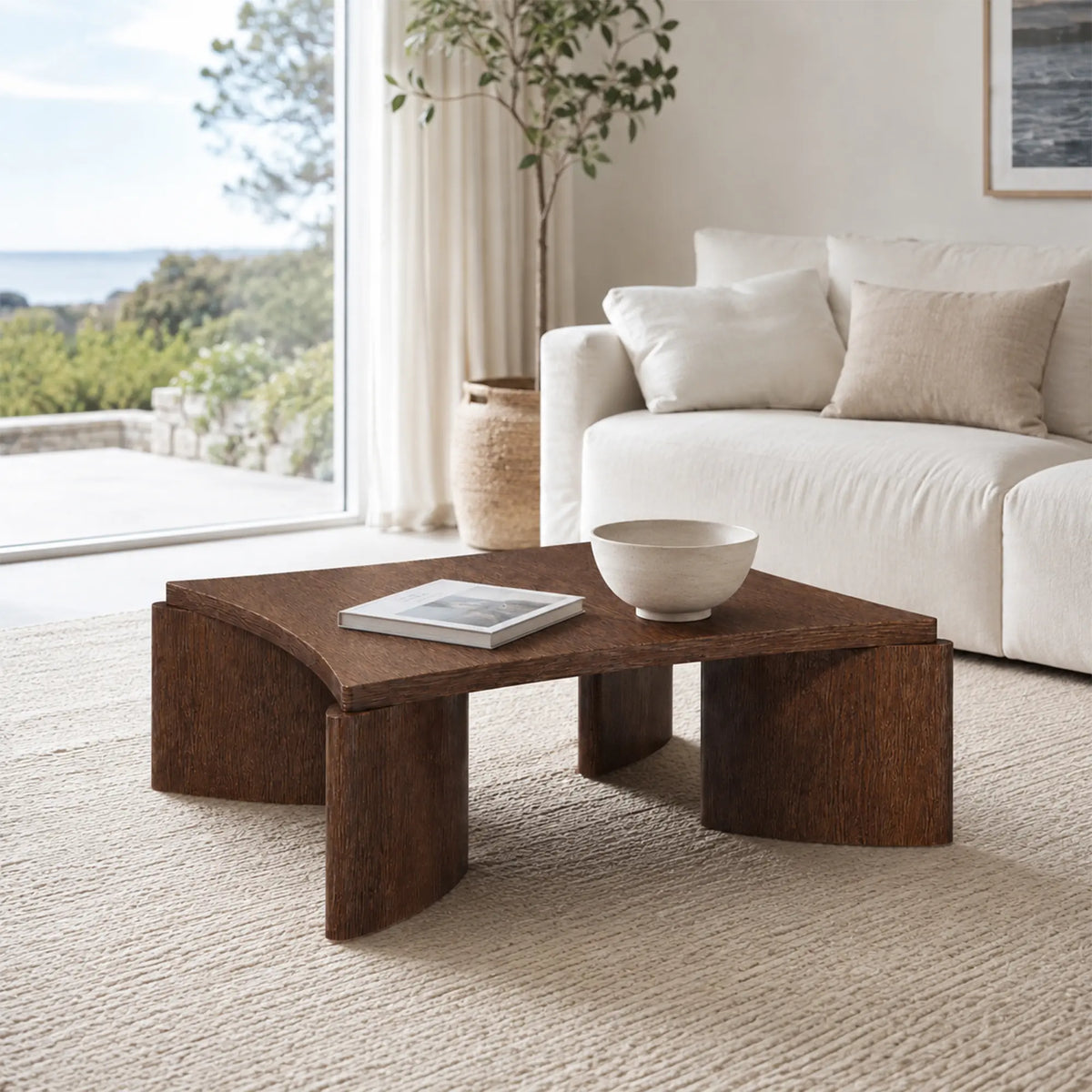 LUXORA Solid Wood Coffee Table North American FAS Ash Wood Low Profile Curved Design 97/107cm for Living Room Lounge - Brown