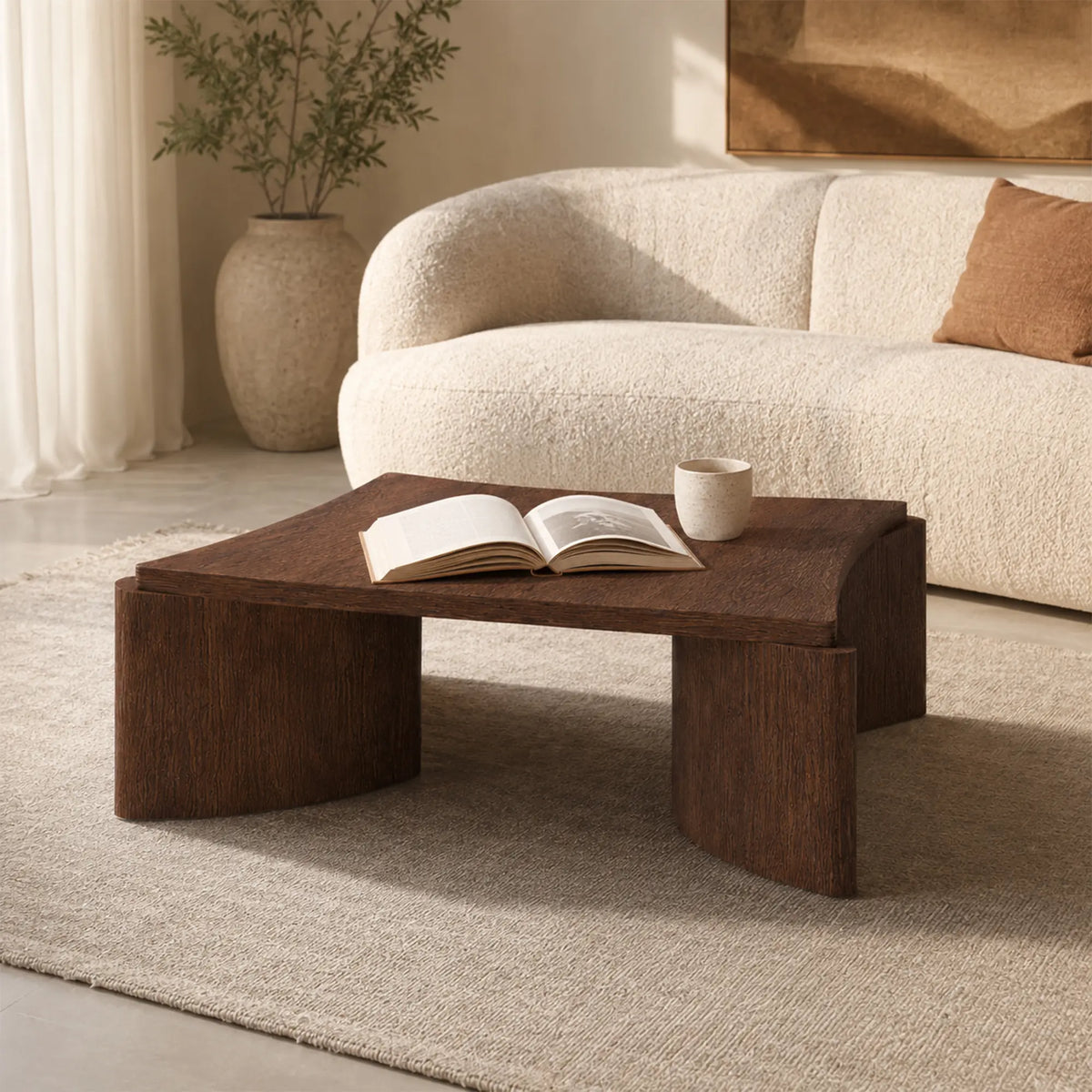 LUXORA Solid Wood Coffee Table North American FAS Ash Wood Low Profile Curved Design 97/107cm for Living Room Lounge - Brown
