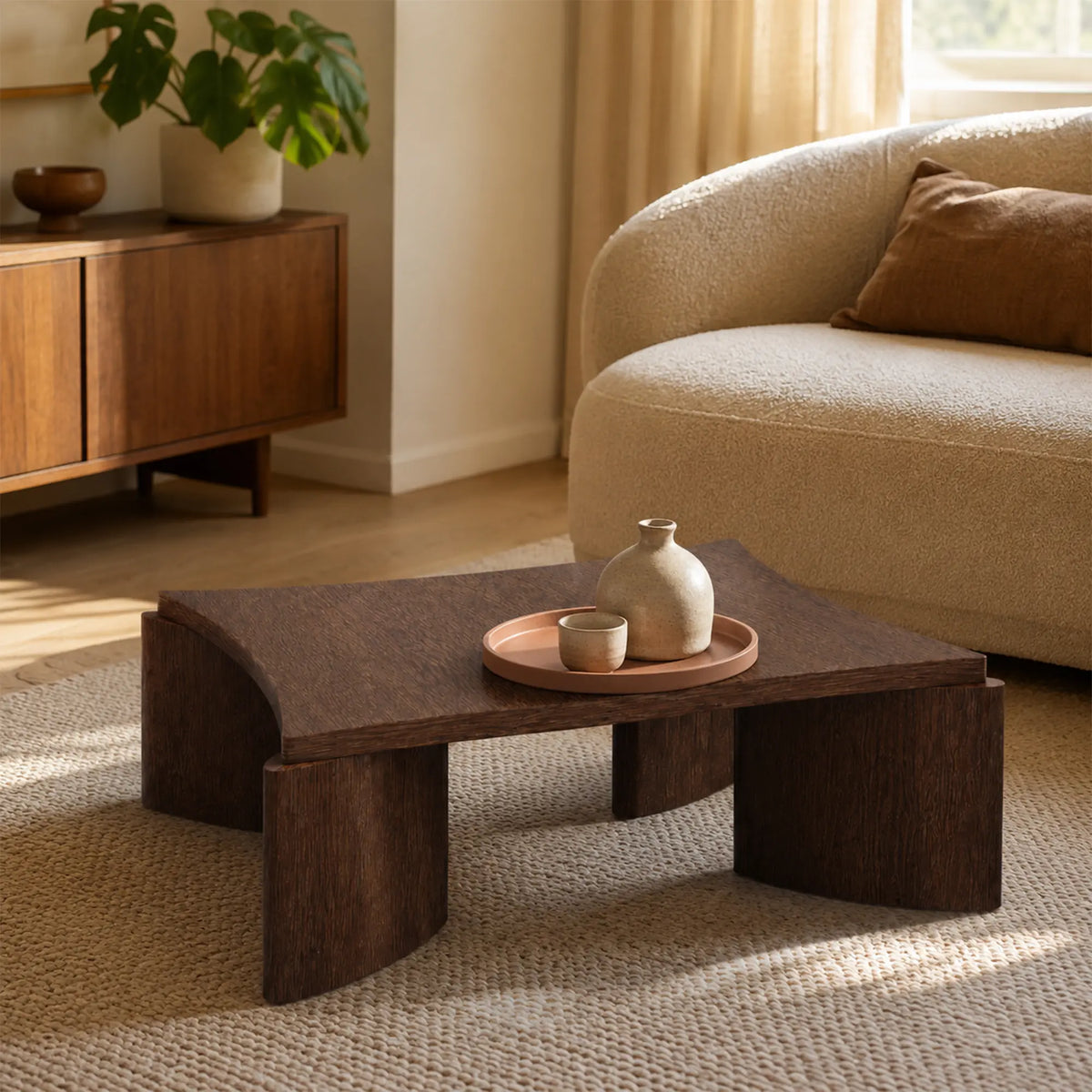 LUXORA Solid Wood Coffee Table North American FAS Ash Wood Low Profile Curved Design 97/107cm for Living Room Lounge - Brown