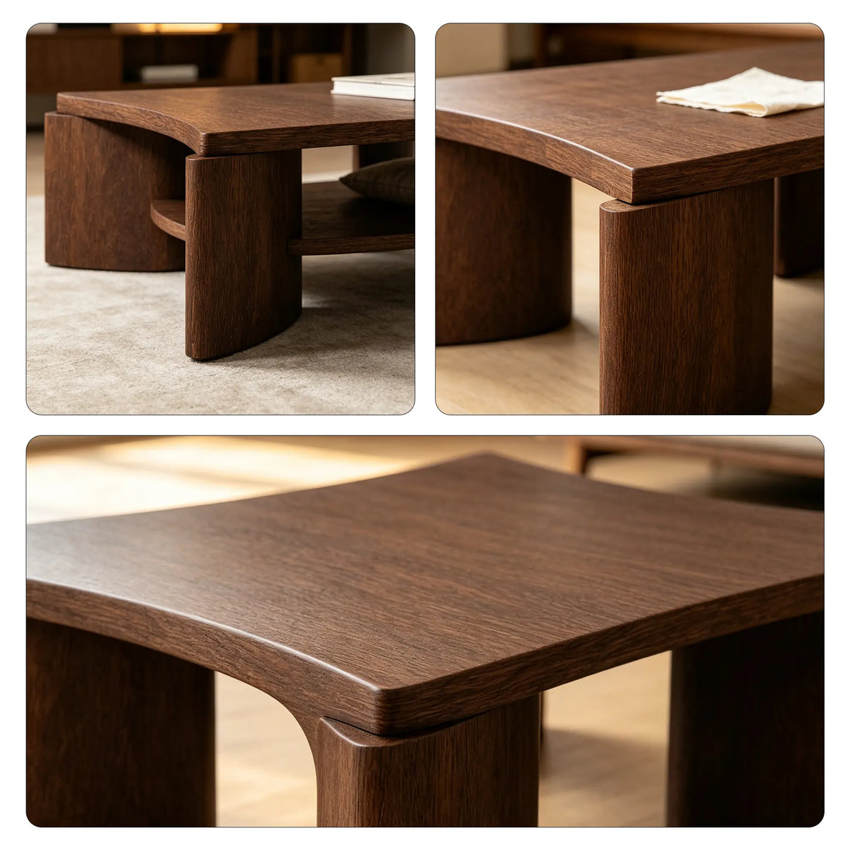 LUXORA Solid Wood Coffee Table North American FAS Ash Wood Low Profile Curved Design 97/107cm for Living Room Lounge - Brown