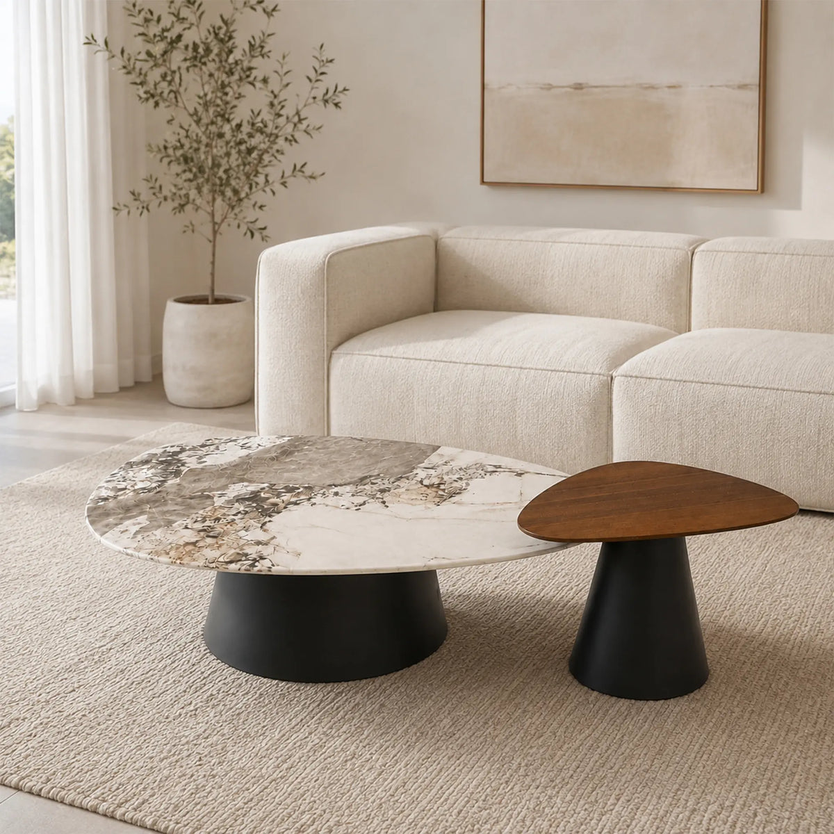 LUXORA Modern Coffee Table Set Pandora Marble Top Carbon Steel Tapered Base for Living Room Sofa Area Lounge