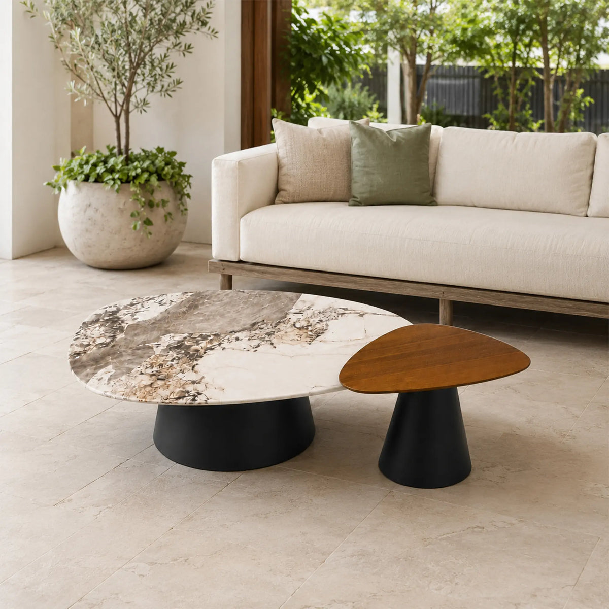 LUXORA Modern Coffee Table Set Pandora Marble Top Carbon Steel Tapered Base for Living Room Sofa Area Lounge