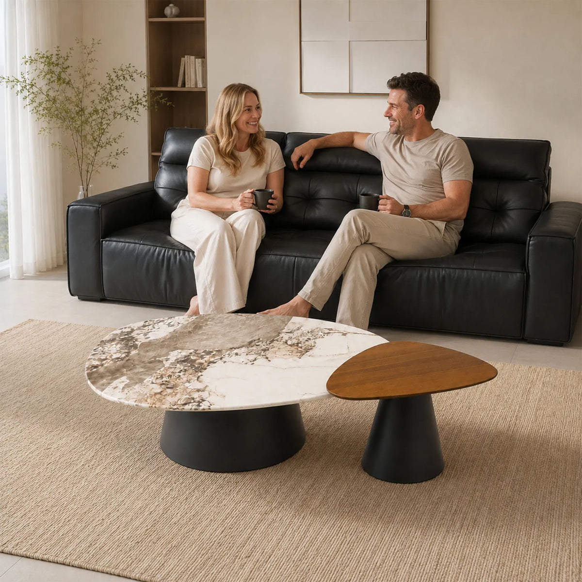 LUXORA Modern Coffee Table Set Pandora Marble Top Carbon Steel Tapered Base for Living Room Sofa Area Lounge