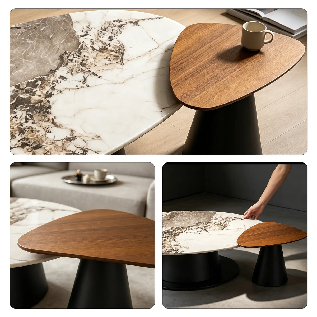 LUXORA Modern Coffee Table Set Pandora Marble Top Carbon Steel Tapered Base for Living Room Sofa Area Lounge