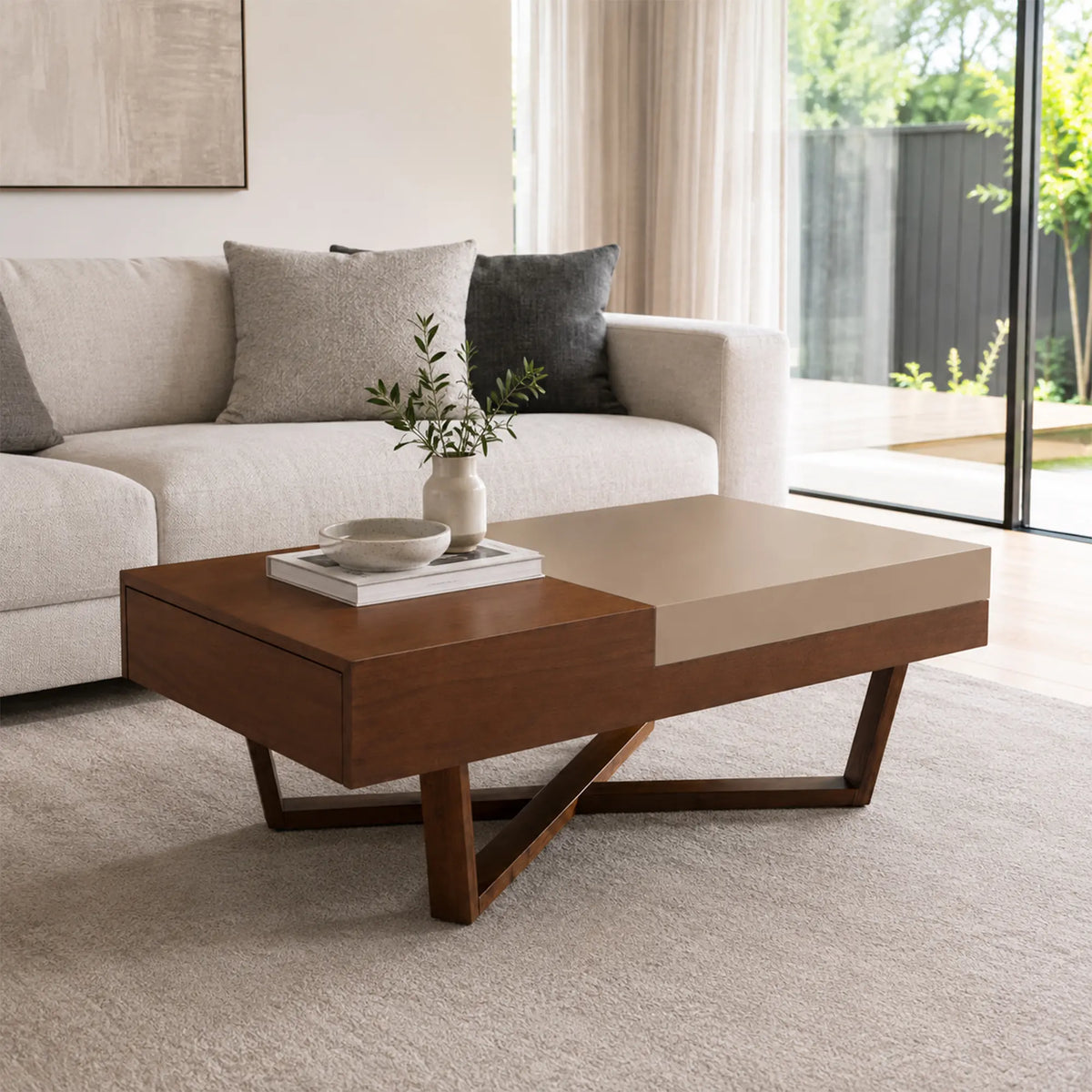 LUXORA Italian Minimalist Coffee Table Two Tone Top Hidden Storage Drawer Ash Wood Legs for Living Room Sofa Area Lounge - Walnut & Grey