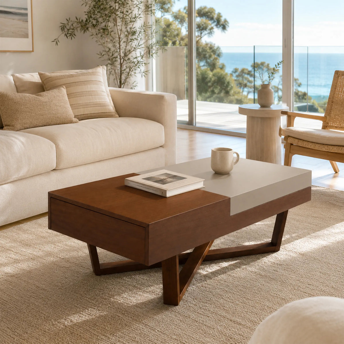 LUXORA Italian Minimalist Coffee Table Two Tone Top Hidden Storage Drawer Ash Wood Legs for Living Room Sofa Area Lounge - Walnut & Grey