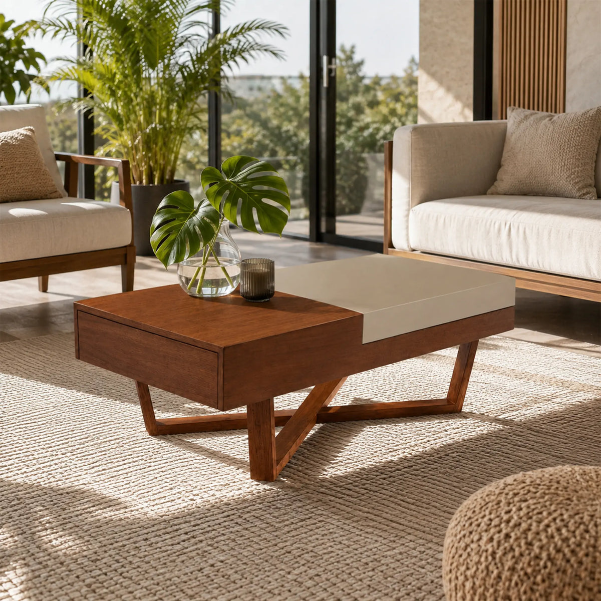 LUXORA Italian Minimalist Coffee Table Two Tone Top Hidden Storage Drawer Ash Wood Legs for Living Room Sofa Area Lounge - Walnut & Grey