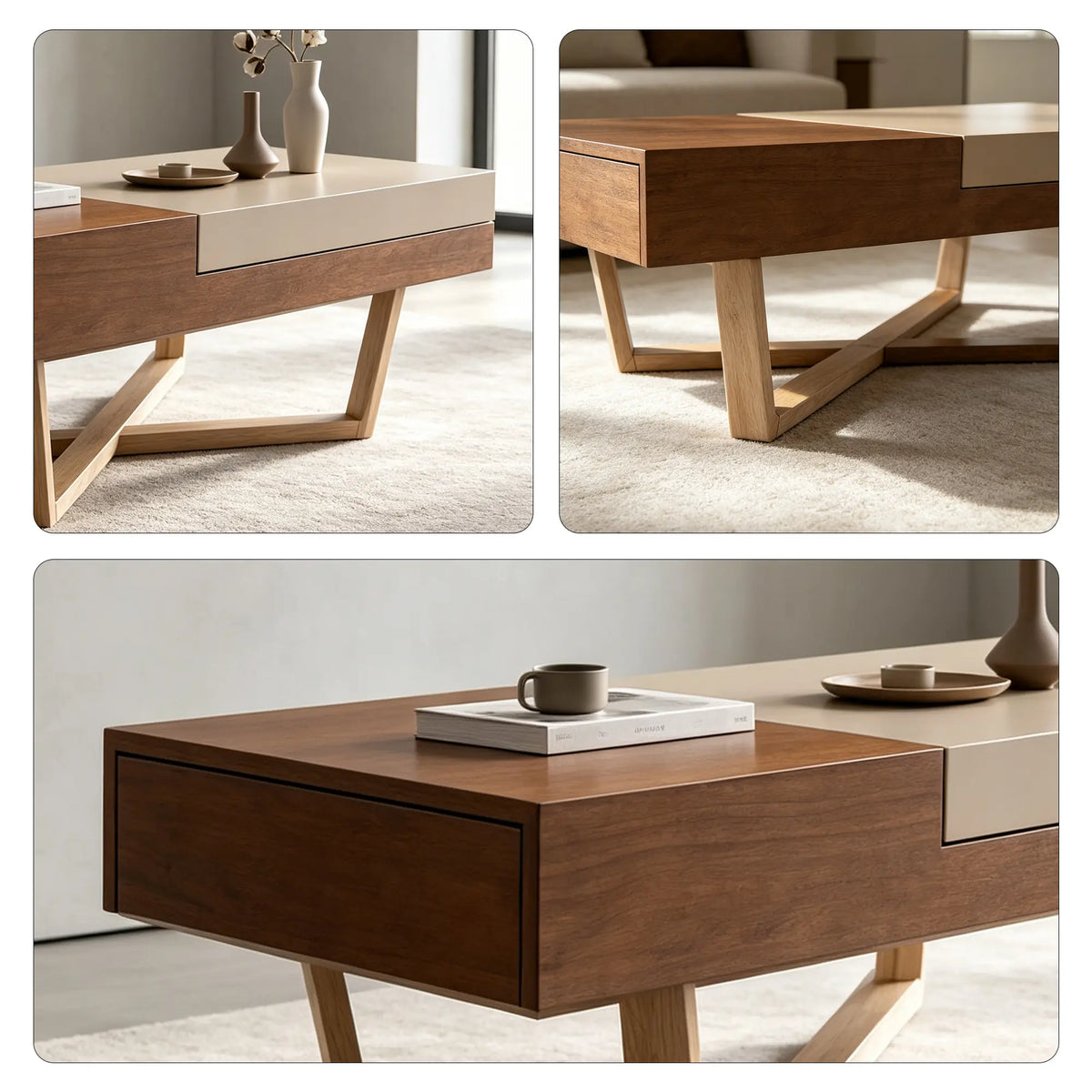 LUXORA Italian Minimalist Coffee Table Two Tone Top Hidden Storage Drawer Ash Wood Legs for Living Room Sofa Area Lounge - Walnut & Grey