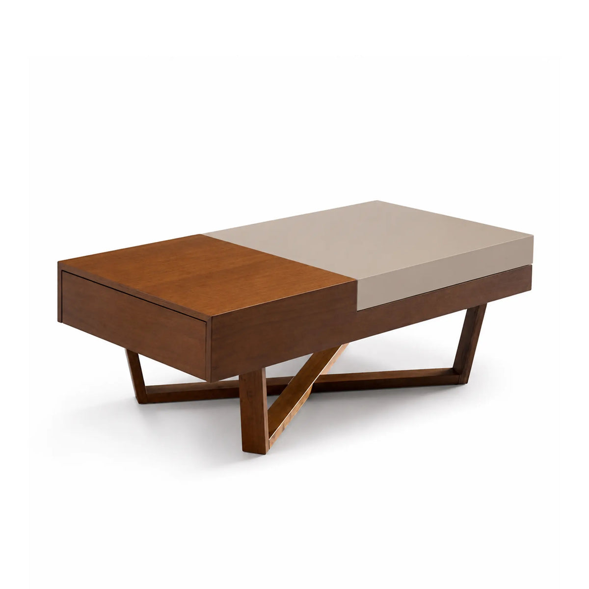 LUXORA Italian Minimalist Coffee Table Two Tone Top Hidden Storage Drawer Ash Wood Legs for Living Room Sofa Area Lounge - Walnut & Grey