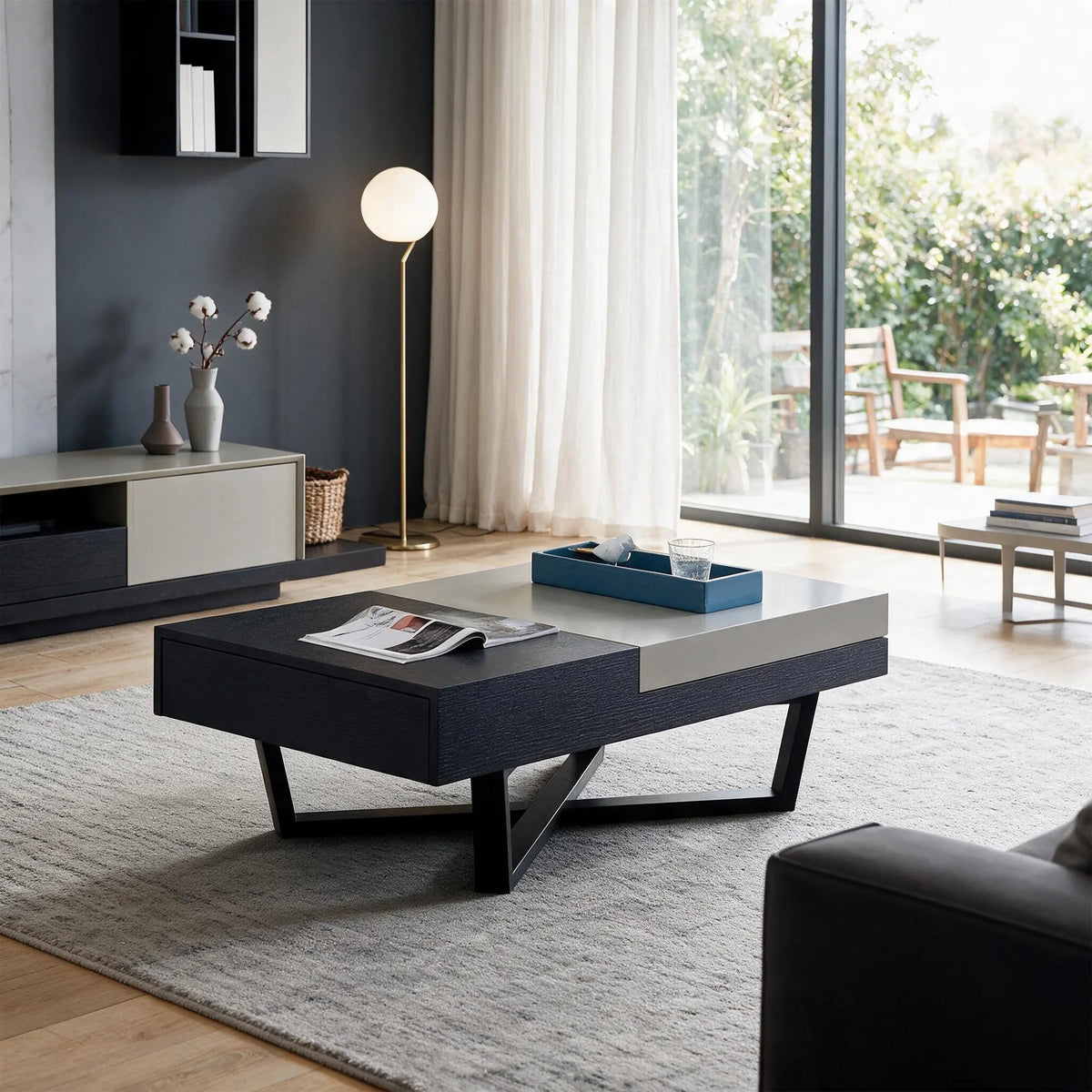 LUXORA Italian Minimalist Coffee Table Two Tone Top Hidden Storage Drawer Ash Wood Legs for Living Room Sofa Area Lounge - Black & Grey