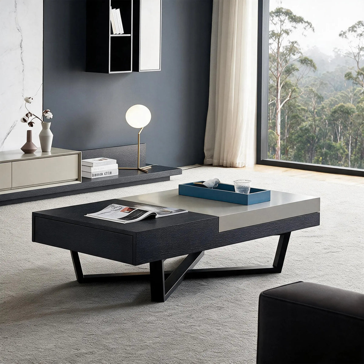 LUXORA Italian Minimalist Coffee Table Two Tone Top Hidden Storage Drawer Ash Wood Legs for Living Room Sofa Area Lounge - Black & Grey