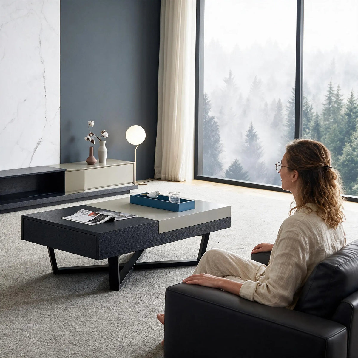 LUXORA Italian Minimalist Coffee Table Two Tone Top Hidden Storage Drawer Ash Wood Legs for Living Room Sofa Area Lounge - Black & Grey