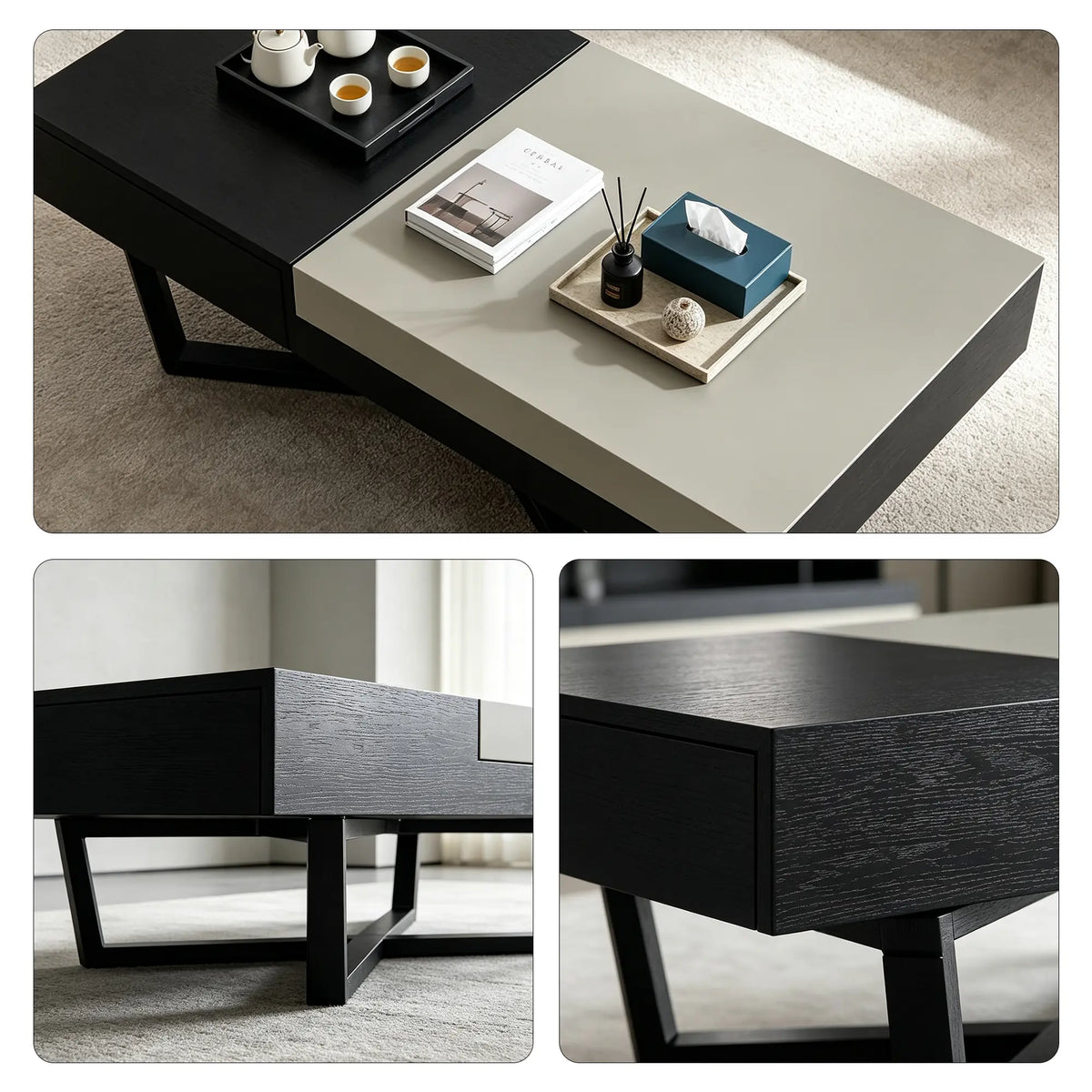 LUXORA Italian Minimalist Coffee Table Two Tone Top Hidden Storage Drawer Ash Wood Legs for Living Room Sofa Area Lounge - Black & Grey