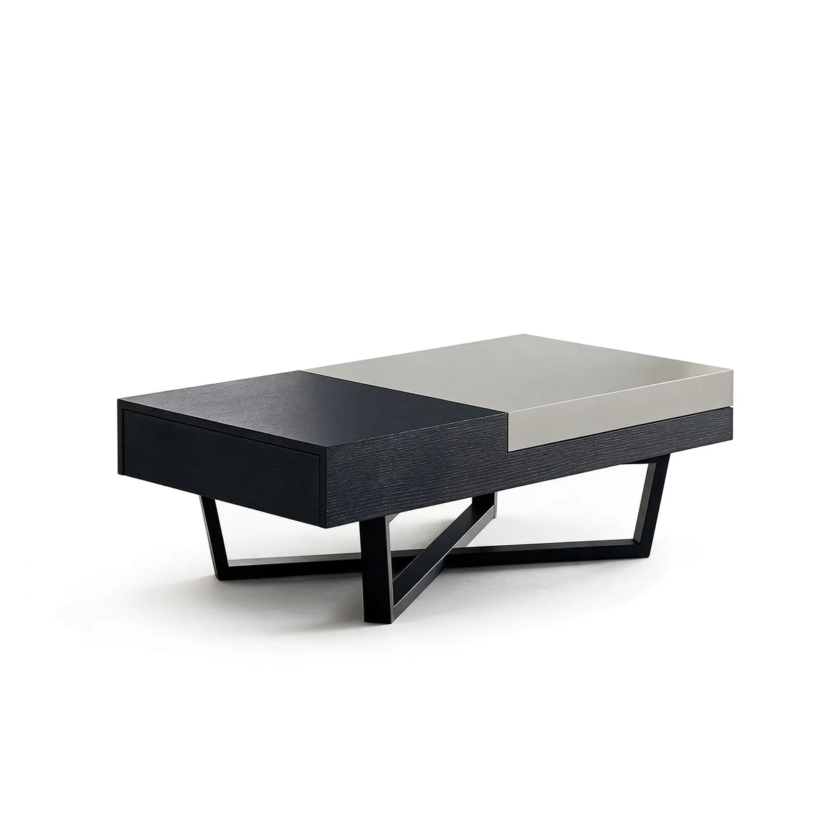 LUXORA Italian Minimalist Coffee Table Two Tone Top Hidden Storage Drawer Ash Wood Legs for Living Room Sofa Area Lounge - Black & Grey