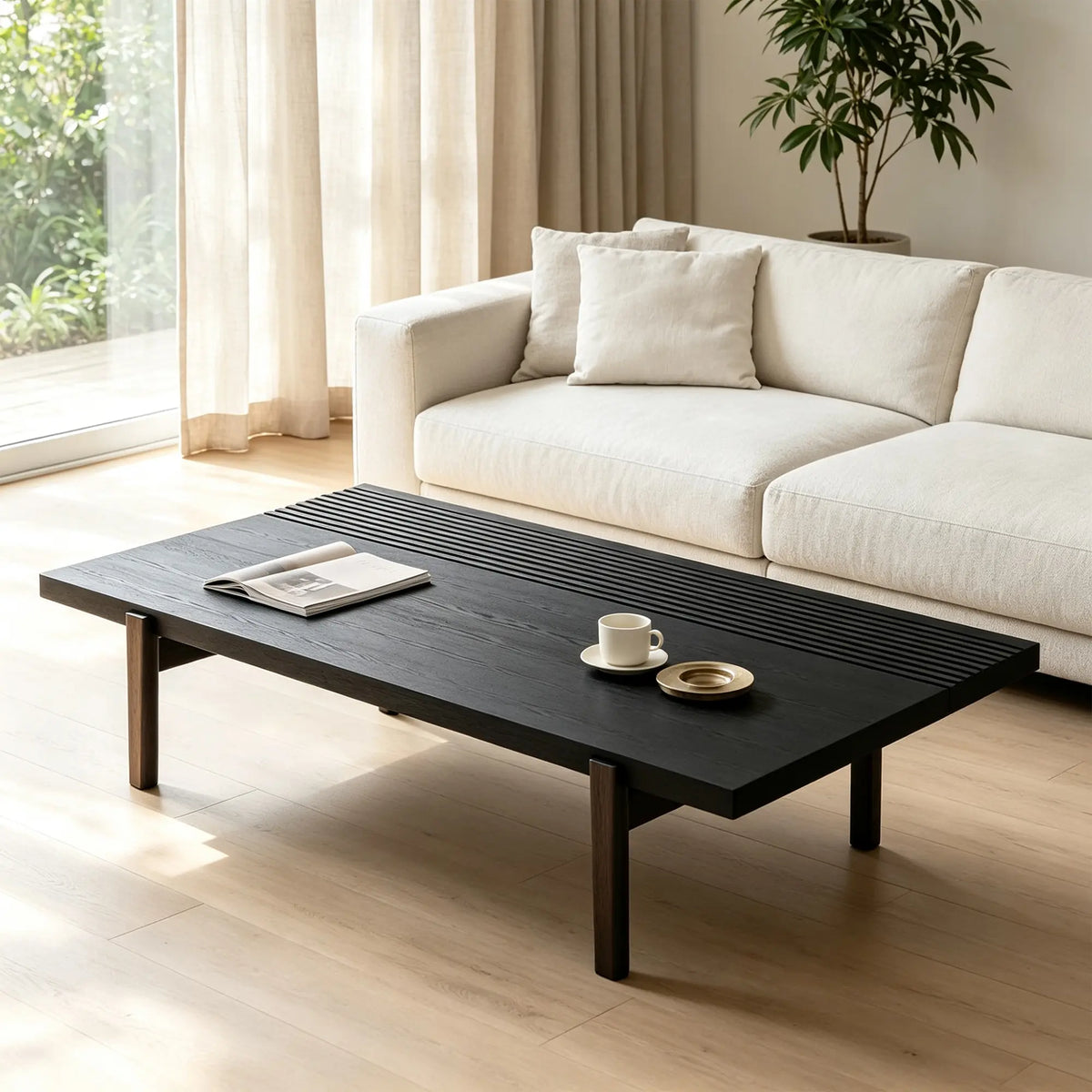 LUXORA Solid Oak Coffee Table North American FAS Grade Oak Natural Wood Grain Artistic Minimalist Design for Living Room Hotel Lounge - Black