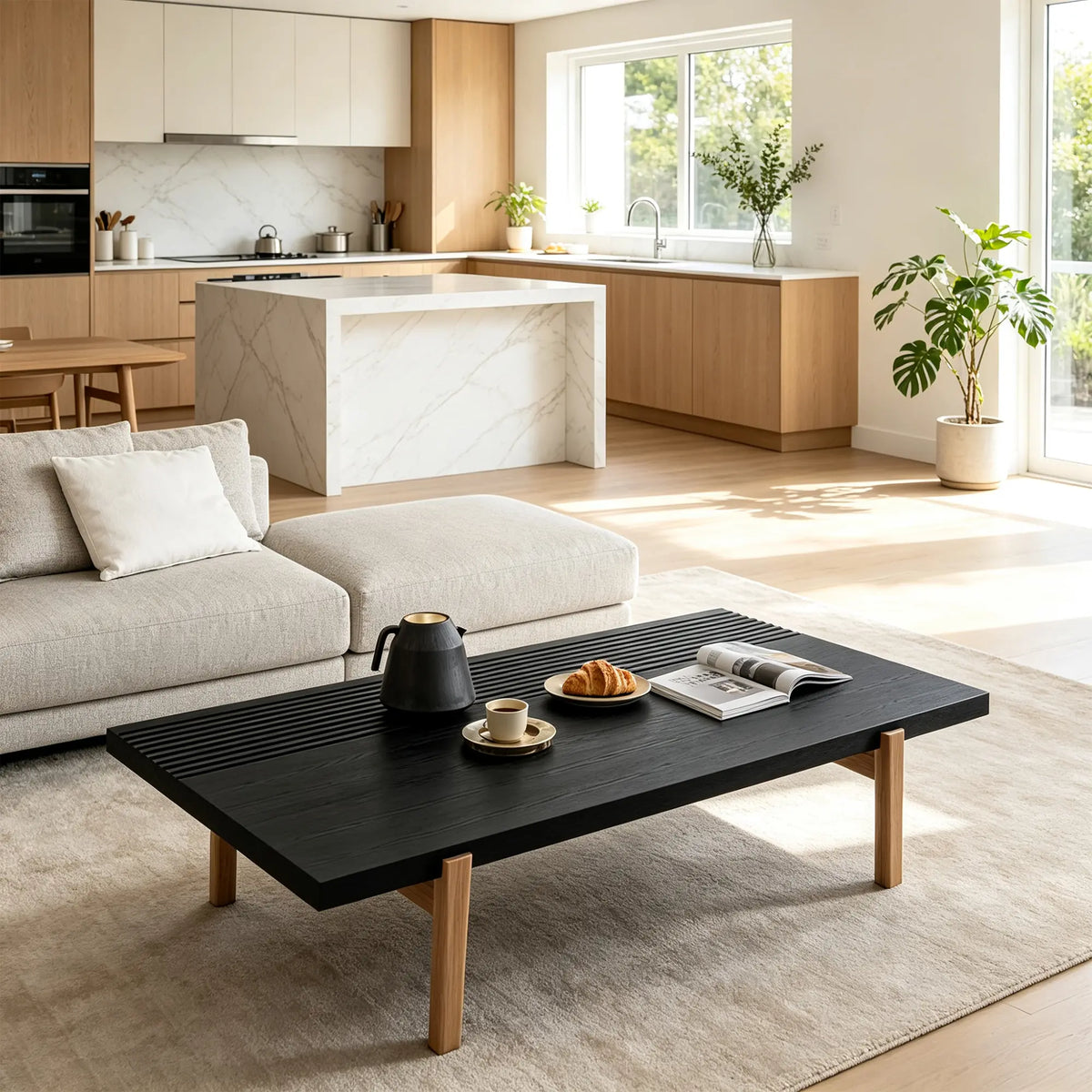 LUXORA Solid Oak Coffee Table North American FAS Grade Oak Natural Wood Grain Artistic Minimalist Design for Living Room Hotel Lounge - Black