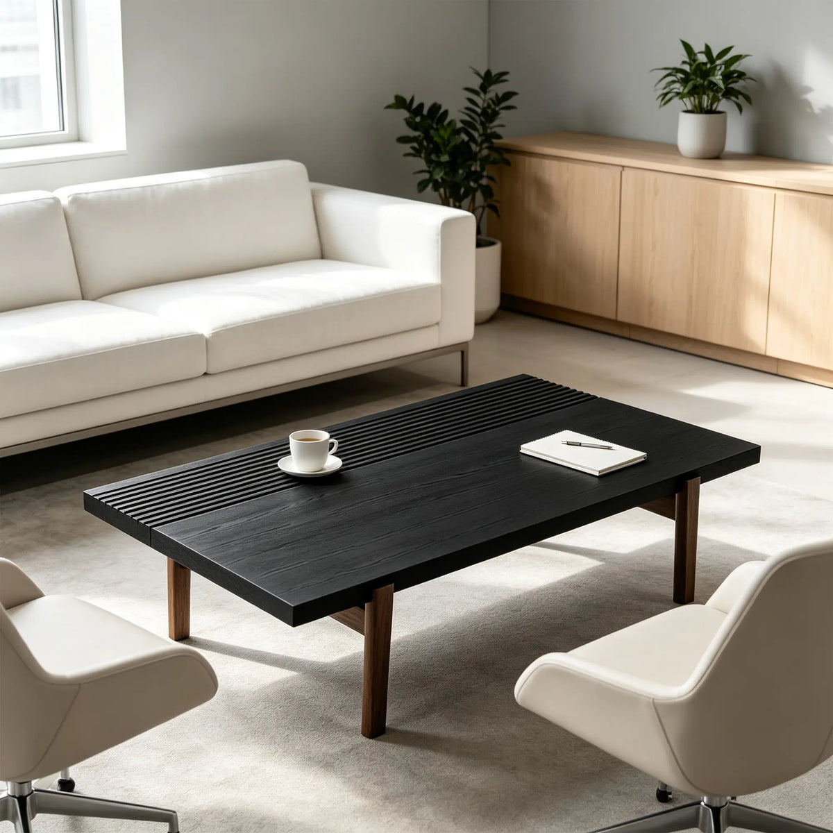 LUXORA Solid Oak Coffee Table North American FAS Grade Oak Natural Wood Grain Artistic Minimalist Design for Living Room Hotel Lounge - Black