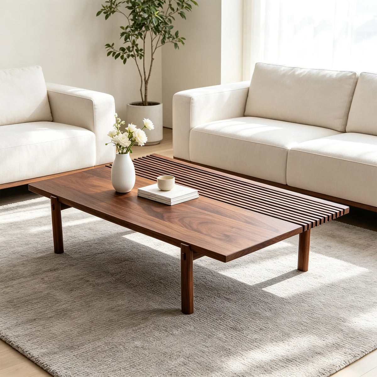 LUXORA Solid Oak Coffee Table North American FAS Grade Oak Natural Wood Grain Artistic Minimalist Design for Living Room Hotel Lounge - Walnut