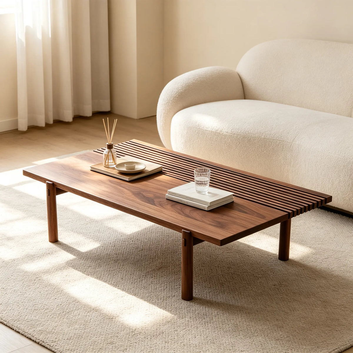 LUXORA Solid Oak Coffee Table North American FAS Grade Oak Natural Wood Grain Artistic Minimalist Design for Living Room Hotel Lounge - Walnut