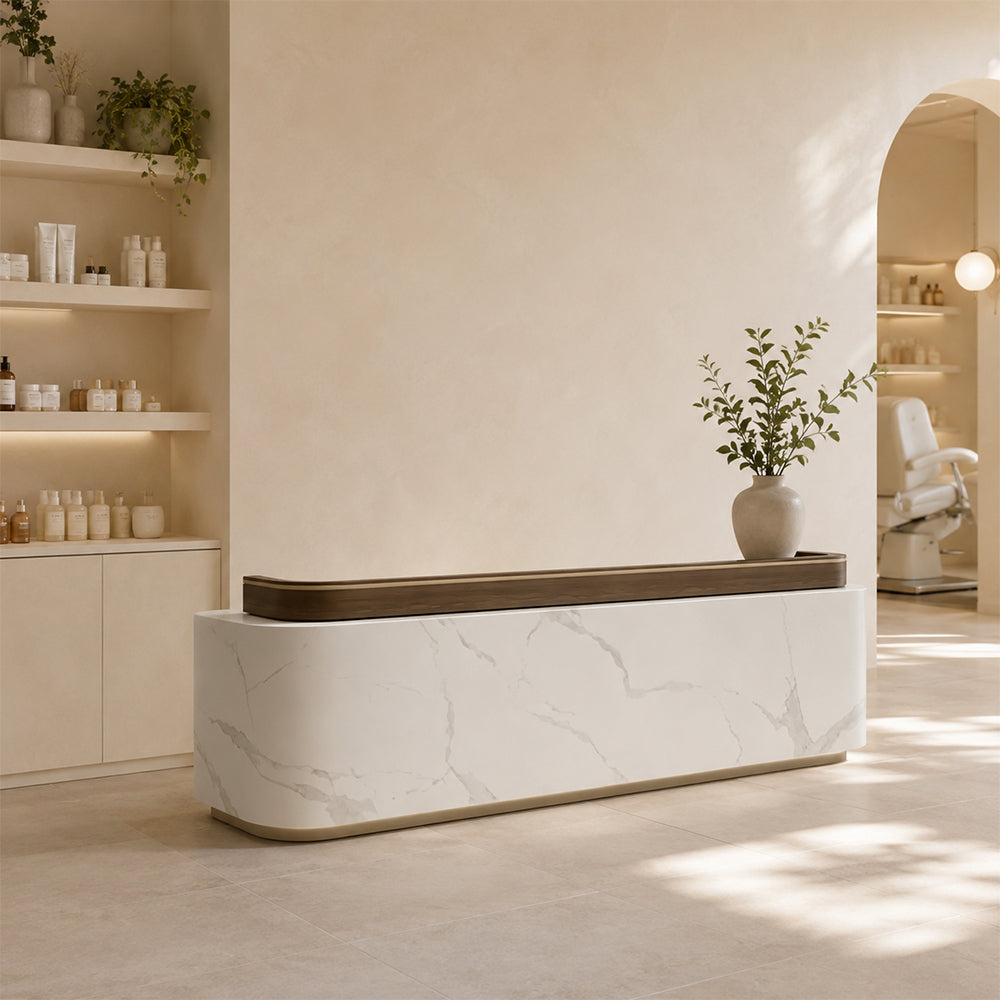 LUXORA 120/180cm Modern Office Reception Counter with Integrated LED Lighting for Company, Hotel & Salon - Calacatta White & Coffee Brown