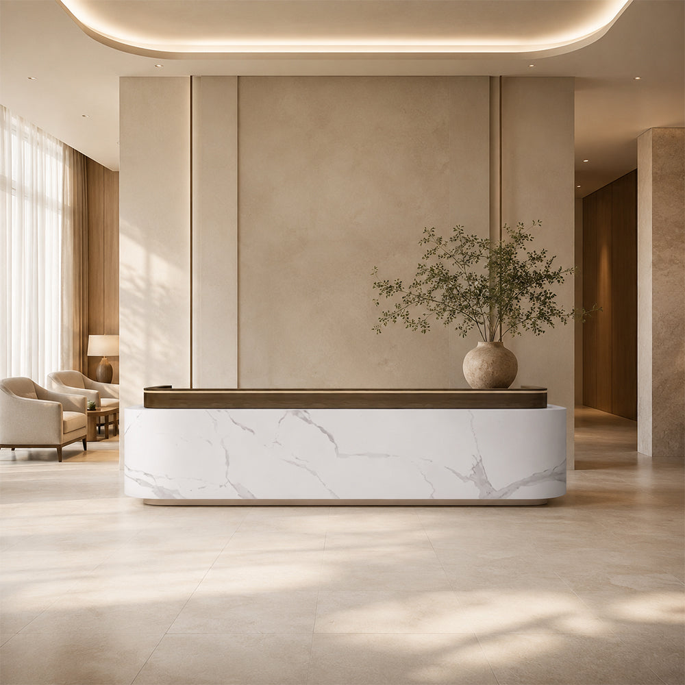 LUXORA 120/180cm Modern Office Reception Counter with Integrated LED Lighting for Company, Hotel & Salon - Calacatta White & Coffee Brown