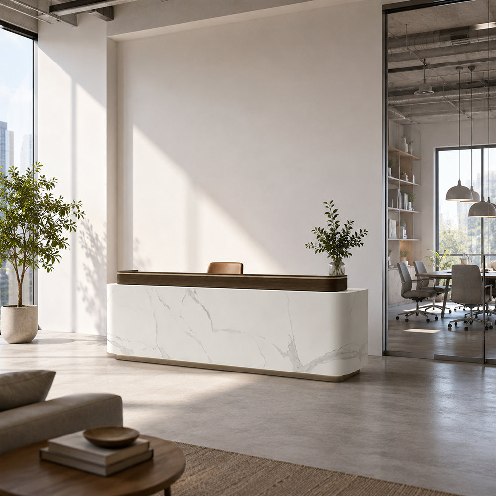 LUXORA 120/180cm Modern Office Reception Counter with Integrated LED Lighting for Company, Hotel & Salon - Calacatta White & Coffee Brown