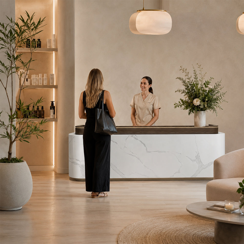 LUXORA 120/180cm Modern Office Reception Counter with Integrated LED Lighting for Company, Hotel & Salon - Calacatta White & Coffee Brown