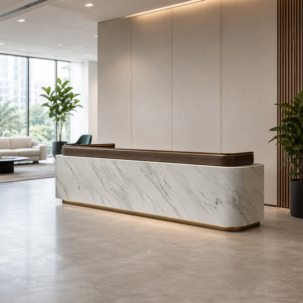 LUXORA 120/180cm Modern Office Reception Counter with Integrated LED Lighting for Company, Hotel & Salon - Grey & Coffee Brown