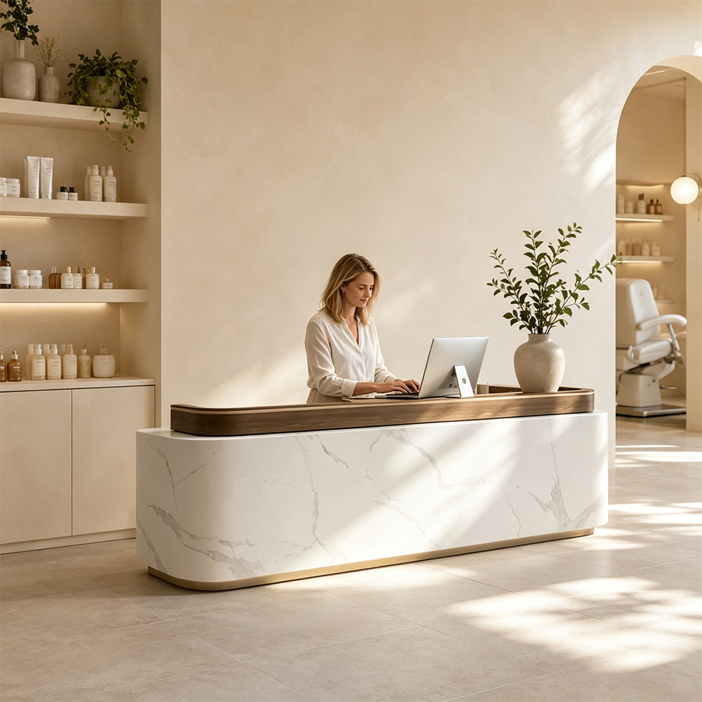 LUXORA 120/180cm Modern Office Reception Counter with Integrated LED Lighting for Company, Hotel & Salon - Grey & Coffee Brown