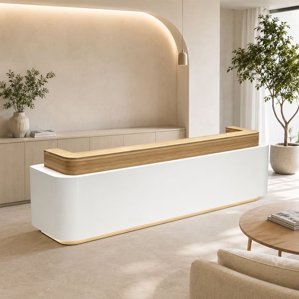 LUXORA 120/180cm Modern Office Reception Counter with Integrated LED Lighting for Company, Hotel & Salon - Wood & White