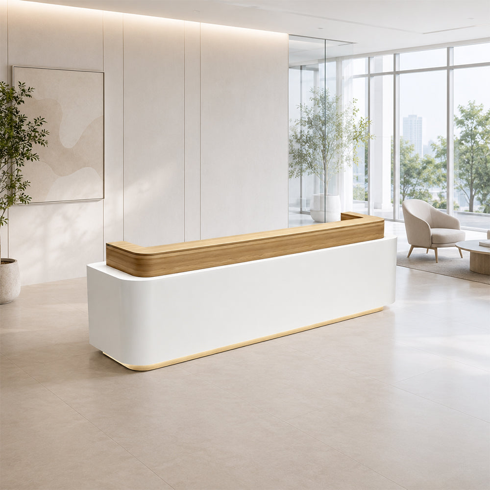 LUXORA 120/180cm Modern Office Reception Counter with Integrated LED Lighting for Company, Hotel & Salon - Wood & White