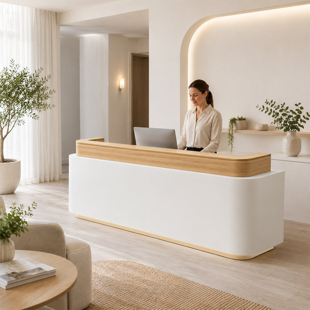 LUXORA 120/180cm Modern Office Reception Counter with Integrated LED Lighting for Company, Hotel & Salon - Wood & White
