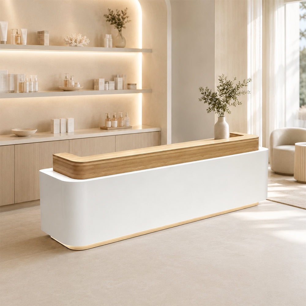 LUXORA 120/180cm Modern Office Reception Counter with Integrated LED Lighting for Company, Hotel & Salon - Wood & White