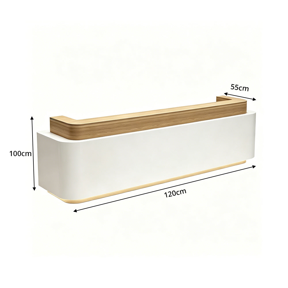 LUXORA 120/180cm Modern Office Reception Counter with Integrated LED Lighting for Company, Hotel & Salon - Wood & White