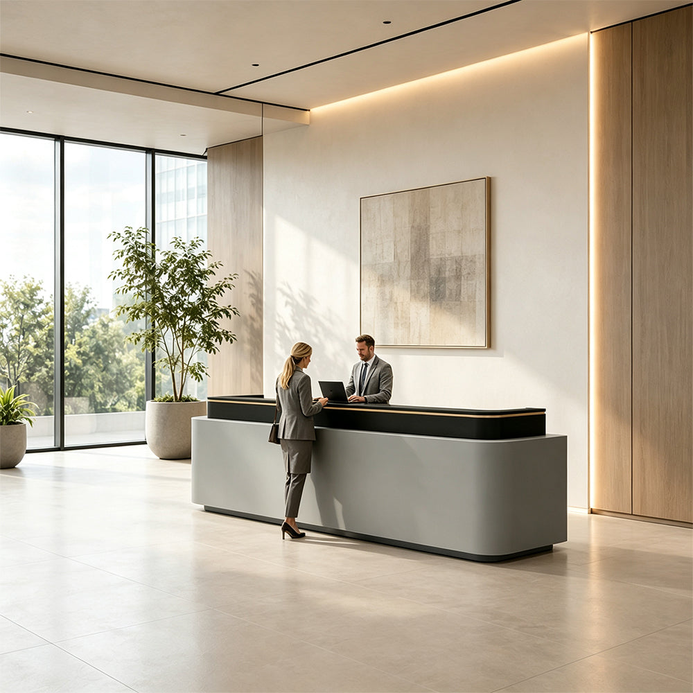 LUXORA 120/180cm Modern Office Reception Counter with Integrated LED Lighting for Company, Hotel & Salon - Grey & Black