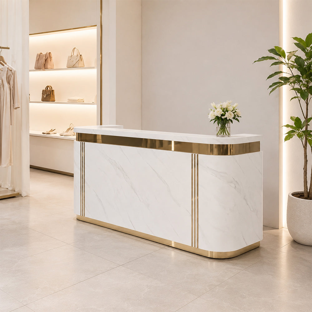 LUXORA 120/180cm Modern Curved Reception Counter with LED Lighting and Lockable Drawer for Retail Store & Salon - Jazz White & Gold Trim